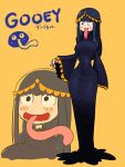  1girl blue_hair blush_stickers character_name dress gooey kirby_(series) long_hair long_tongue personification rariatto_(ganguri) simple_background smile tongue wall-eyed yellow_background 