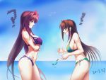  ! 2girls ? aozaki_aoko blue_eyes bodysuit breast_envy breast_hold breasts brown_hair clouds crossed_arms crossover fate/grand_order fate_(series) flower food hair_flower hair_ornament highres large_breasts long_hair mahou_tsukai_no_yoru multiple_girls navel ocean popsicle purple_bodysuit purple_hair red_eyes scathach_(fate/grand_order) scathach_(swimsuit_assassin)_(fate) sky thighs ushas water 