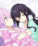  2girls black_hair blancpig_yryr blush female hair_ornament highres long_hair looking_at_another multiple_girls nepgear neptune_(series) pajamas purple_hair smile uni_(choujigen_game_neptune) violet_eyes yuri 