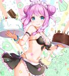  1girl blue_eyes blush bracelet breasts cake candle cleavage double_bun eyebrows_visible_through_hair food fork headdress holding holding_plate jewelry large_breasts looking_at_viewer maid_bikini maid_headdress na53 navel original pink_hair plate short_hair smile solo spoon tongue tongue_out 