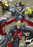  absurdres arm_cannon ascot blonde_hair captain_kidd_(persona) chains hat highres jojaow looking_at_viewer mask persona persona_5 pirate_hat sakamoto_ryuuji skull skull_mask smile sword weapon 