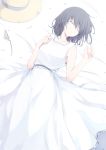  1girl bed_sheet black_hair closed_eyes collarbone dress frilled_dress frills hand_on_own_chest hands_up hat hat_removed headwear_removed long_dress lying on_back original parted_lips ryuga_(balius) short_hair sleeping solo sun_hat sundress white_dress white_flower 