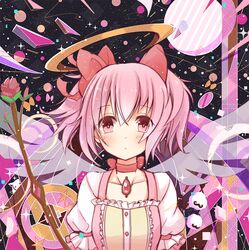  1girl angel_wings bow eyebrows_visible_through_hair flower hair_bow halo kaname_madoka looking_at_viewer mahou_shoujo_madoka_magica pink_bow pink_eyes pink_hair sakeharasu short_hair short_twintails solo twintails upper_body wings 