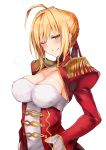  1girl =3 absurdres ahoge amamitsu_kousuke blonde_hair breasts cleavage dress epaulettes fate/extra fate_(series) green_eyes hair_ribbon highres juliet_sleeves large_breasts long_hair long_sleeves looking_at_viewer one_eye_closed puffy_sleeves red_dress red_ribbon ribbon saber_extra simple_background smug solo upper_body white_background 