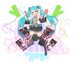  1girl black_legwear black_skirt blue_eyes blue_hair blue_necktie blush eyebrows_visible_through_hair hatsune_miku long_hair looking_at_viewer lowres necktie open_mouth skirt smile solo star thigh-highs tp_(kido_94) twintails vocaloid 