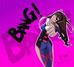  1girl ahoge animal_print arched_back ass bangs blue_bodysuit bodysuit breasts brown_eyes brown_hair bunny_print character_name cowboy_shot d.va_(overwatch) english facepaint facial_mark finger_gun foreshortening from_behind gloves gradient gradient_background headphones high_collar highres long_hair looking_at_viewer looking_back medium_breasts nakwang outline overwatch pilot_suit pink_background pointing pointing_at_viewer purple_background ribbed_bodysuit shoulder_pads skin_tight smile solo swept_bangs twisted_torso whisker_markings white_gloves 