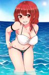  1girl adjusting_clothes adjusting_swimsuit alternate_costume arm_strap bangs blue_sky blush breasts clouds cowboy_shot day green_bikini_bottom grin hair_between_eyes highres hips horikawa_raiko horizon kaisenpurin knees_together_feet_apart large_breasts leaf_print leaning_forward looking_at_viewer navel red_eyes redhead reflective_eyes shiny shiny_hair shiny_skin short_hair side_glance sidelocks sky smile solo stomach sun sunlight swimsuit thighs touhou water wet white_bikini_top 