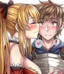  ! 1boy 1girl armor bare_shoulders black_bow blonde_hair blue_hoodie blush bow breasts brown_eyes brown_hair cheek_kiss closed_eyes closed_mouth commentary couple detached_sleeves eyebrows_visible_through_hair frills gran_(granblue_fantasy) granblue_fantasy hair_bow heart hetero highres hood hoodie kiss large_breasts light_smile long_hair matching_hair/eyes neck ponytail red_detached_sleeves sanmotogoroo shiny shiny_hair short_hair smile spoken_exclamation_mark spoken_heart surprised upper_body vira white_background 