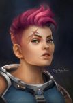  1girl absurdres artist_name blue_background dark_background ears green_eyes grey_background highres lips looking_at_viewer nose overwatch parted_lips pink_hair portrait scar scar_across_eye short_hair signature solo tiny_thanh_truc watermark web_address zarya_(overwatch) 