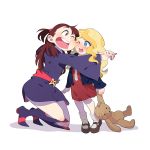  2girls blonde_hair blue_eyes boots brown_hair cheek-to-cheek child diana_cavendish dress following hat hug kagari_atsuko little_witch_academia long_hair luo. multiple_girls open_mouth shoes simple_background staff star stuffed_animal stuffed_toy teddy_bear white_background witch witch_hat yuri 