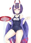  1girl alcohol bare_shoulders blush breasts closed_mouth collarbone commentary_request cup eyebrows_visible_through_hair fate/grand_order fate_(series) forehead_jewel heart highres horns japanese_clothes looking_at_viewer off_shoulder oni oni_horns purple_hair sakazuki sake school_swimsuit short_hair shuten_douji_(fate/grand_order) simple_background small_breasts smile solo swimsuit thighs violet_eyes white_background yomomirin 