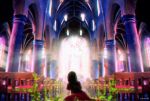  1girl absurdres artist_name black_hair chair church_interior from_behind highres long_hair moss original scenery yomochi_(y0m0chi) 