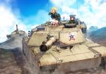  3girls alisa_(girls_und_panzer) black_tank_top blonde_hair blue_eyes brown_eyes brown_hair clouds commentary girls_und_panzer ground_vehicle headphones kay_(girls_und_panzer) kws long_hair m1_abrams military military_jacket military_vehicle motor_vehicle multiple_girls naomi_(girls_und_panzer) open_mouth outdoors short_hair sky tank thigh-highs twintails white_legwear 