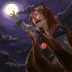  1girl amayadori-tei animal_ears brooch brown_hair clouds commentary_request dress full_moon glowing glowing_eyes imaizumi_kagerou jewelry long_hair long_sleeves looking_at_viewer moon night open_mouth purple_sky red_eyes sharp_teeth solo teeth touhou upper_body werewolf white_dress wolf_ears 