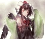  1girl black_hair black_skirt black_wings commentary_request feathered_wings hat kourindou_tengu_costume looking_at_viewer parted_lips pom_pom_(clothes) red_eyes shameimaru_aya short_hair_with_long_locks skirt smile solo tokin_hat touhou twitter_username viridiflora wings 