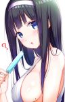  1girl ? black_hair blue_eyes blush breasts eyebrows_visible_through_hair food hairband ice_cream large_breasts long_hair looking_at_viewer mole mole_on_breast na53 original parted_lips popsicle sideboob solo tank_top upper_body white_background 