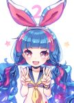  1girl blue_hair blush character_request double_v eyebrows_visible_through_hair hairband long_hair looking_at_viewer maplestory mechuragi mole mole_under_eye multicolored_hair neckerchief open_mouth pink_eyes pink_hair smile twintails upper_body v yellow_neckerchief 