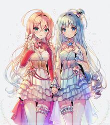  2girls ahoge blonde_hair blue_eyes blue_hair blush bow breasts cleavage eyebrows_visible_through_hair green_eyes hair_bow hand_on_own_chest heart highres holding_hand large_breasts long_hair looking_at_viewer multiple_girls original parted_lips smile snow_is white_bow 