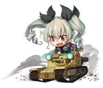  1girl anchovy black_ribbon blush chibi drill_hair girls_und_panzer green_hair ground_vehicle hair_ribbon kws long_hair long_sleeves looking_away military military_vehicle motor_vehicle open_mouth red_eyes ribbon smile solo tank twintails 