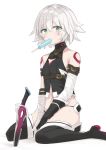  1girl a_(nanananaaannaa) arm_belt assassin_of_black bandage bandaged_arm bangs bare_shoulders belt_buckle between_legs black_boots black_gloves black_panties black_shirt boots brown_belt buckle collarbone dagger eyebrows_visible_through_hair fate/apocrypha fate_(series) fingerless_gloves food food_in_mouth from_below full_body gloves green_eyes hair_between_eyes halter_top halterneck highres knife looking_at_viewer mouth_hold navel panties planted_knife planted_weapon popsicle scar scar_across_eye scar_on_cheek shirt short_hair silver_hair simple_background single_glove sitting sleeveless sleeveless_shirt solo sweat tattoo thigh-highs thigh_boots turtleneck underwear wariza weapon white_background 