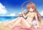  10s 1girl :d ahoge bare_arms bare_legs bare_shoulders barefoot beach bikini brown_eyes brown_hair collarbone eyebrows_visible_through_hair fang food highres holding holding_food kantai_collection kuma_(kantai_collection) long_hair masayo_(gin_no_ame) ocean open_mouth popsicle revision sitting smile solo stuffed_animal stuffed_toy swimsuit teddy_bear toes yellow_bikini 