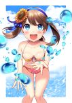  1girl :d absurdres bare_shoulders bikini blue_eyes blue_ribbon blue_sky blush breasts brown_hair cleavage clouds collarbone day floral_print flower hairband haruka_(pokemon) haruka_(pokemon)_(remake) highres leaning_forward looking_at_viewer open_mouth pokemon pokemon_(game) pokemon_oras ribbon short_hair simple_background sky smile solo splashing sunflower swimsuit water white_background yuihiko 