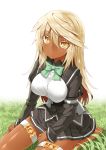  1girl barefoot breasts grass guilty_gear guilty_gear_xrd highres large_breasts long_sleeves looking_at_viewer outdoors ramlethal_valentine sitting skirt solo tan yellow_eyes 