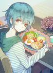  androgynous blue_hair blush chair cup eyebrows_visible_through_hair food fried_egg highres kuroyuki looking_at_viewer original plant plate potted_plant sausage short_hair sitting smile table yellow_eyes 