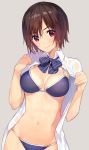  1girl bikini bikini_under_clothes blue_bikini bow bowtie breasts brown_hair closed_mouth eyebrows_visible_through_hair grey_background looking_at_viewer matarou_(genkai_toppa) medium_breasts navel open_clothes open_shirt red_eyes shirt short_hair simple_background smile solo swimsuit 