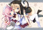  2girls absurdres animal_ears bell bell_collar black_legwear blonde_hair blue_eyes blush breasts candy cat_ears cat_tail cleavage collar fish_hair_ornament food glass hair_ornament heterochromia highres holding holding_tray hood hoodie ice_cream kazuki_marina large_breasts lollipop multiple_girls open_mouth original pink_hair smile spoon sundae tail thigh-highs tray white_legwear yellow_background yoruneko 