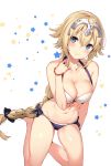  1girl bikini blonde_hair blue_bikini_bottom blue_eyes blush bow bracelet breasts cleavage collarbone commentary_request fate/apocrypha fate_(series) hair_between_eyes hair_bow hand_on_own_shoulder headpiece highres hips jewelry kneeling large_breasts legs long_braid long_hair looking_at_viewer navel ruler_(fate/apocrypha) simple_background solo star starry_background swimsuit thighs very_long_hair waist white_background white_bikini_top yuran_(cozyquilt) 