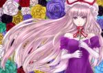  floral_background gloves hat holding_flower ksrk_ss purple_dress rose smile solo strapless_dress tagme touhou violet_eyes yakumo_yukari 