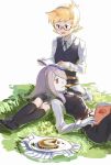  2girls blonde_hair grass hair_over_one_eye hairband henpei_saboten little_witch_academia long_hair lotte_jansson lying lying_on_person multiple_girls on_ground open_mouth orange_hair picnic purple_hair reading red_eyes resting school_uniform short_hair simple_background sucy_manbavaran 