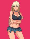  1girl bangs bare_arms bare_legs bare_shoulders black_shirt blonde_hair blue_choker blue_skirt blunt_bangs breast_hold breasts character_request choker cleavage closed_mouth collarbone contrapposto cowboy_shot crop_top crossed_arms eyebrows_visible_through_hair gluteal_fold green_eyes groin large_breasts long_hair looking_at_viewer looking_to_the_side microskirt midriff mile_(lancermoon) navel original red_background red_lips shirt simple_background skirt sleeveless smile solo standing stomach torn torn_clothes torn_shirt torn_skirt 