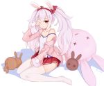  bilan_hangxian collarbone laffey_(bilan_hangxian) lavender_hair long_hair looking_at_viewer red_eyes shirt sitting solo stuffed_animal stuffed_toy thigh-highs twintails waking_up white_background white_legwear 