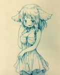  1girl animal_ears arinu bare_arms blush breasts buttons cleavage dress eyebrows_visible_through_hair fang highres kasodani_kyouko large_breasts looking_at_viewer medium_hair monochrome pinky_out smile solo standing touhou traditional_media 