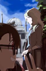  2girls blue_eyes brown_hair diana_cavendish glass green_hair henpei_saboten kagari_atsuko little_witch_academia long_hair multicolored_hair multiple_girls red_eyes self_shot smile v 