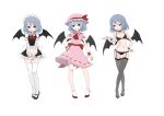  1girl alternate_costume bat_wings black_bra black_legwear black_panties black_shoes blue_hair bra breasts cleavage embarrassed enmaided fkey garter_belt hat hat_ribbon looking_at_viewer maid maid_headdress mob_cap nail_polish panties pink_skirt puffy_short_sleeves puffy_sleeves red_eyes red_nails red_ribbon red_shoes remilia_scarlet ribbon ribbon-trimmed_skirt shoes short_sleeves simple_background skirt small_breasts smile socks standing thigh-highs touhou underwear underwear_only v_arms variations white_background white_legwear wings wrist_cuffs 