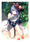  1girl bangs bare_legs bare_shoulders barefoot black_hat blue_hair breasts cleavage collarbone day food fruit hat hat_ribbon hinanawi_tenshi large_breasts long_hair looking_at_viewer mole mole_on_breast peach red_eyes red_ribbon ribbon school_swimsuit sitting solo swimsuit tetsurou_(fe+) touhou very_long_hair wariza 