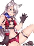  1girl animal_ears blush breasts claws cleavage cleavage_cutout commentary_request fangs fur grey_eyes hand_up highres long_hair looking_at_viewer medium_breasts muzzle navel neit_ni_sei open_mouth original pouch scar short_shorts shorts silver_hair sitting sleeveless smile solo sweatdrop tail thigh_strap vest white_background wolf_ears wolf_girl 