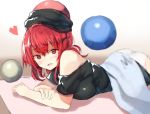  1girl ass bei_mochi black_shirt breast_press breasts commentary_request heart hecatia_lapislazuli large_breasts looking_at_viewer lying off-shoulder_shirt on_stomach panties polos_crown red_eyes redhead shirt smile solo t-shirt touhou underwear white_panties 