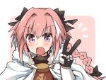  1boy black_bow bow braid cape fang fate/apocrypha fate/grand_order fate_(series) fur_trim hair_ribbon male_focus multicolored_hair ohitashi_netsurou open_mouth pink_hair ribbon rider_of_black single_braid smile streaked_hair v violet_eyes 