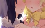  2girls artist_request black_hair blonde_hair blush bow bowtie commentary_request common_raccoon_(kemono_friends) face-to-face fennec_(kemono_friends) fur_collar grey_hair hand_on_another&#039;s_shoulder head_out_of_frame highres incipient_kiss kemono_friends multicolored_hair multiple_girls parted_lips short_hair yellow_bow yellow_bowtie yuri 