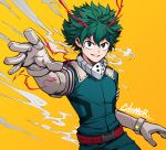  &gt;:) 1boy artist_name boku_no_hero_academia buttons citemer comic cowboy_shot elbow_gloves formal freckles gloves green_clothes green_eyes green_hair looking_at_viewer male_focus midoriya_izuku outstretched_hand reaching simple_background smile smoke solo suit tagme white_gloves yellow_background 