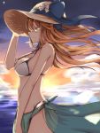  1girl arm_up bangs bikini blush breasts brown_hair cleavage closed_mouth cowboy_shot floating_hair from_side girls_frontline green_eyes hakuya_(white_night) hand_on_headwear hat highres long_hair m1903_springfield_(girls_frontline) medium_breasts ocean outdoors profile sarong smile solo sun_hat swimsuit tears white_bikini 
