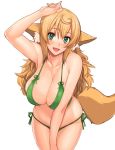  1girl ahoge angelo_(gomahangetsu) animal_ears arm_up bangs bare_shoulders bikini blonde_hair blush breasts cleavage collarbone commentary_request green_bikini green_eyes hips kaori-san_(angelo) large_breasts long_hair looking_at_viewer navel open_mouth original side-tie_bikini sidelocks simple_background smile solo swimsuit tail thighs waist wavy_hair white_background 