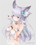  animal_ears bangs bikini blue_eyes blunt_bangs breasts erun_(granblue_fantasy) feathers fox_ears granblue_fantasy hair_ornament heart korwa large_breasts long_hair silver_hair swimsuit unnyori 