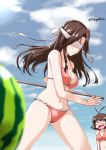  2girls antenna_hair bikini blindfold blurry brown_eyes clouds cowboy_shot depth_of_field food frilled_bikini frills front-tie_top fruit hair_intakes jintsuu_(kantai_collection) kantai_collection long_hair mikage_takashi multiple_girls naka_(kantai_collection) orange_bikini outdoors pose sky solo_focus stick suikawari surprised swimsuit twitter_username watermelon 