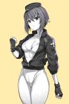  breasts cleavage closed_mouth cowboy_shot eyebrows_visible_through_hair fingerless_gloves garrison_cap girls_und_panzer gloves gluteal_fold greyscale hair_between_eyes hat highleg highleg_leotard highres ikomochi jacket leotard looking_at_viewer medium_breasts monochrome nishizumi_maho short_hair spot_color thigh_gap unzipped yellow_background 