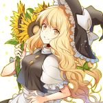  apron bangs black_hat blonde_hair bow braid flower green_bow grin hair_bow harano_(aptamer) hat hat_bow holding holding_flower kirisame_marisa long_hair looking_at_viewer puffy_short_sleeves puffy_sleeves short_sleeves single_braid smile sunflower touhou upper_body very_long_hair vest waist_apron wavy_hair white_bow witch_hat yellow_eyes 